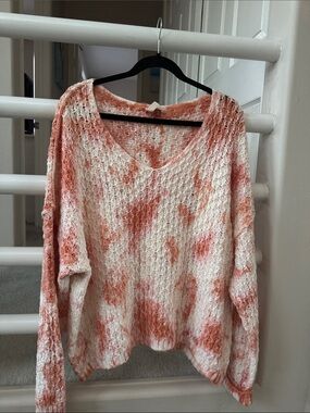 Pilcro Cream and Coral Tie-Dye V‑Neck Sweater